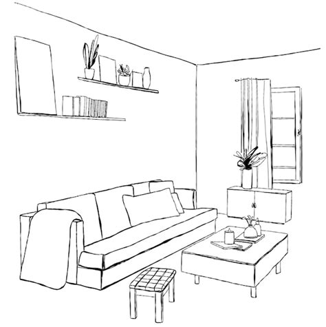 Bosquejo de la habitación interior moderna muebles dibujados a mano