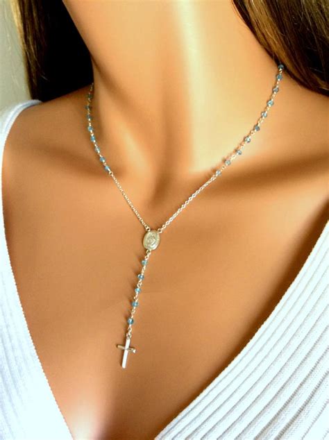 Sterling Silver Rosary Necklace Blue Topaz Gemstone Cross Etsy