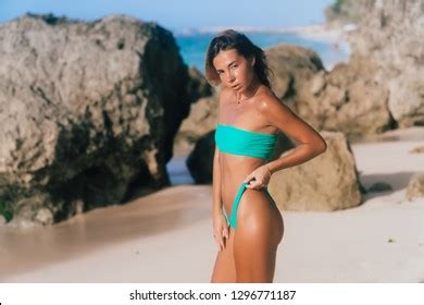 Beautiful Tanned Woman Separate Swimsuit Posing