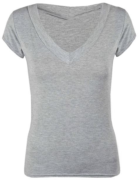 ladies casual short cap sleeve plain top womens new stretch fitted v neck basic blank t shirt