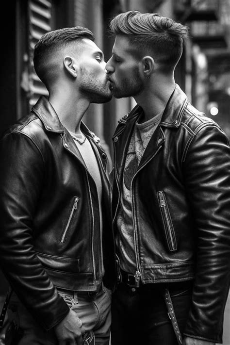 Two Men In Leather Jackets Are Kissing Each Other On The Street Black And White Photograph