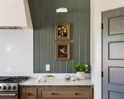 Vertical Hunter Green Shiplap Backsplash Cottage Kitchen Small