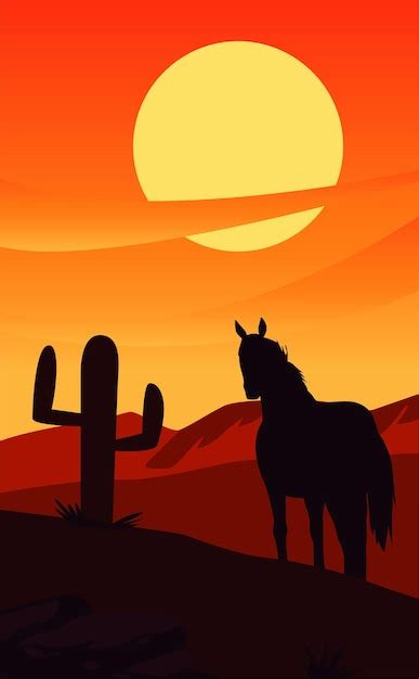 Premium Vector Wild West Sunset Scene With Horse And Cactus Desert