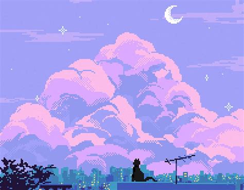 Cat On The Rooftop Pixel Art On Behance Pixel Art Landscape Pixel