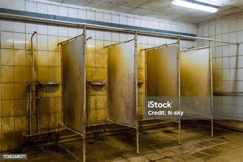 Unhygienic Public Showers Room Wet Mold Rusty Ceramic Tiles Wall Stock
