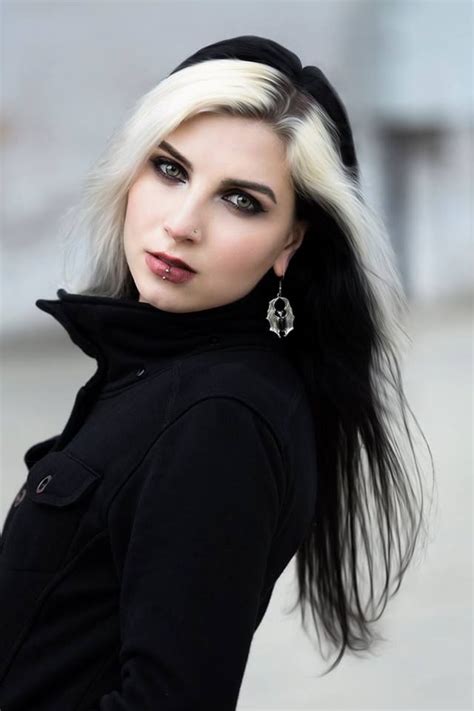 Solid black with white writing. black widow | White haired witch, Crazy women, Goth hair