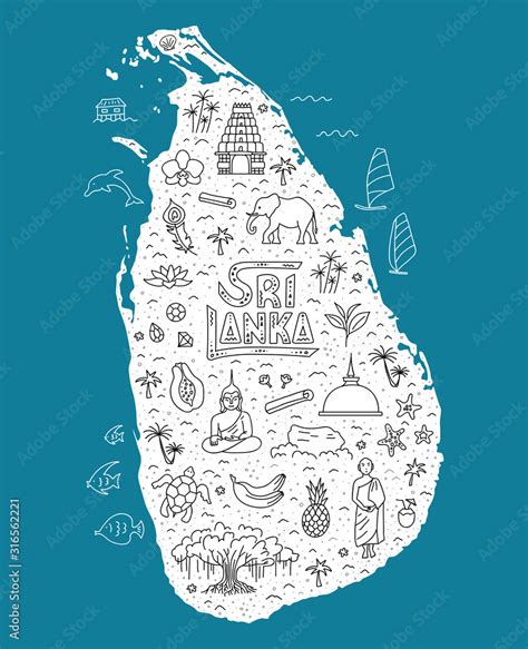 Hand Drawn Cartoon Map Of Sri Lanka The Main Symbols And Attractions