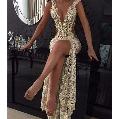 sexy lace prom dresses sheer plunging neck front slit evening dress on