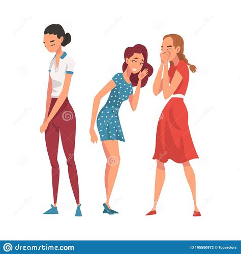 two female friends cynically gossiping and giggling behind stressed girl cartoon vector