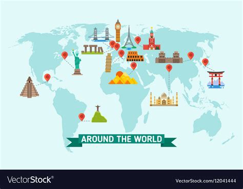 Travel Landmarks On World Map Royalty Free Vector Image