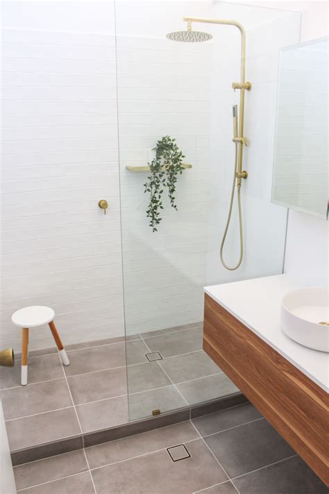 Brushed Bathroom Brushed Brass Bathroom Open Shower Walk In Shower Renovation Gold Bathroom