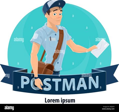 Postman With Mailbag And Letter Cartoon Icon Mailman In Blue Uniform