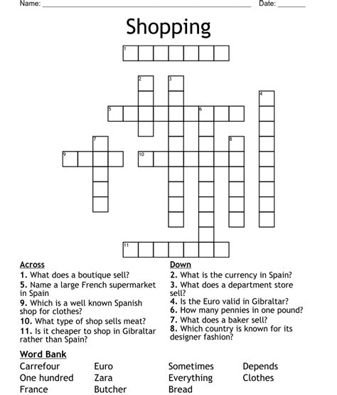 Supermarket Sections Crossword