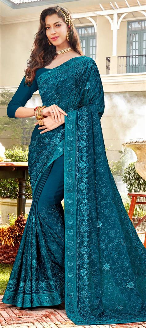 chiffon party wear saree in blue with embroidered work party wear sarees saree designs party