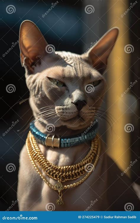 Sphynx Cat In A Collar On A Black Background Stock Illustration