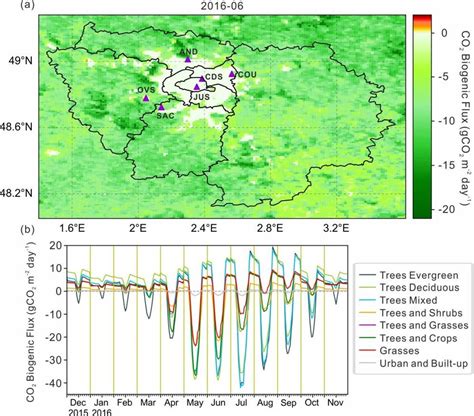 Biogenic carbon uxes from global agricultural production and consumption. (a) Daytime (06-18 UTC) average of CO2 biogenic flux (NEE) in June... | Download Scientific Diagram