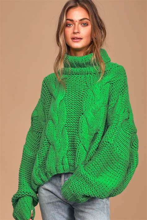 Cute Green Sweater Cable Knit Sweater Turtleneck Sweater Lulus