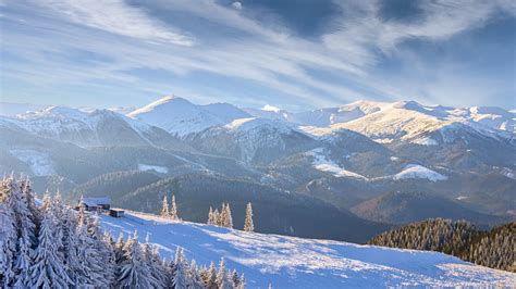 Wallpaper Nature Landscape Mountains Trees Snow Clouds Sky