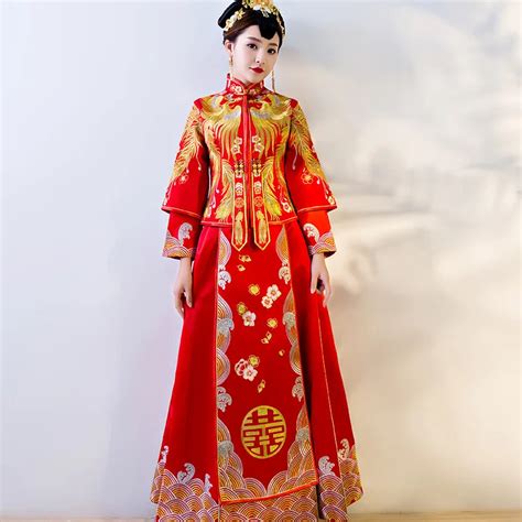 Women Phoenix Embroidery Cheongsam Dresses Traditional Evening Gown National Red Chinese Dress
