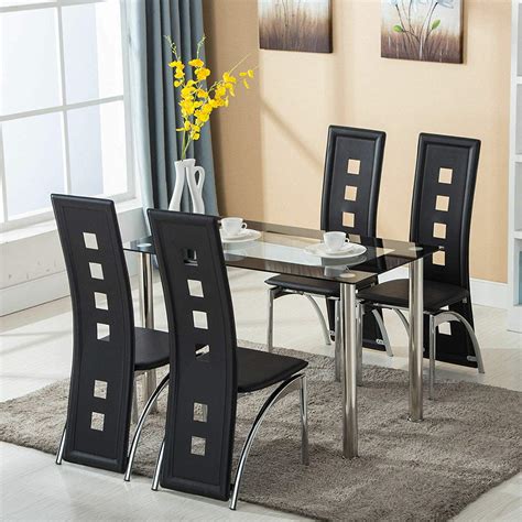 Modern 5 Piece Dining Table Set Tempered Glass Transparent