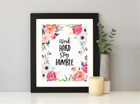 Office Decor Work Hard Stay Humble Watercolor Flowers Etsy