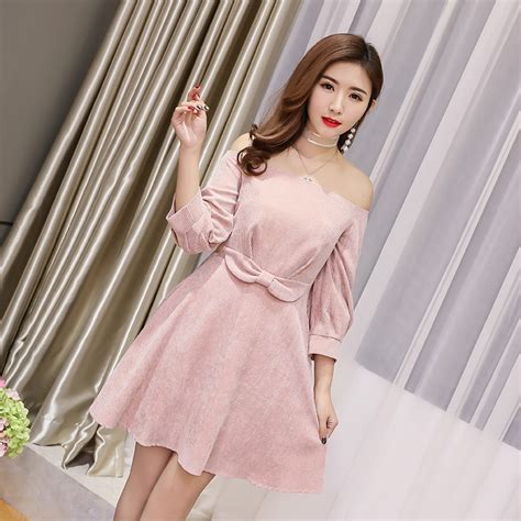 2018 Summer Korean Style Women Sexy Off Shoulder 34 Sleeves Bow A Line