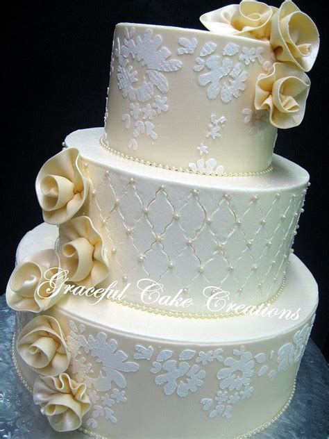 Elegant Ivory Wedding Cake With Alencon Lace Stencil Design Ivory