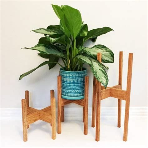 Set Of Three Mid Century Modern Plant Stands In Oak Wood Etsy