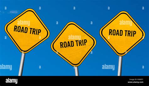 Road Trip Yellow Signs With Blue Sky Stock Photo Alamy