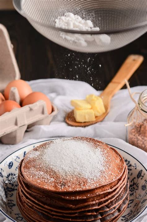 Chocolate Pancake With Powdered Sugar Stock Image Image Of Round