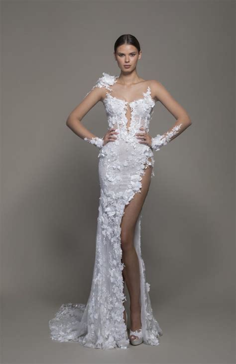 Illusion Long Sleeve Floral Lace Sheath Wedding Dress With Slit Free