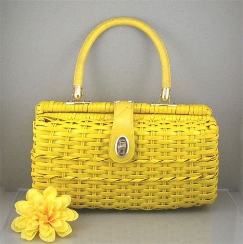 Vintage Purse Brilliant Yellow Woven Wicker Basket Style Plastic Over