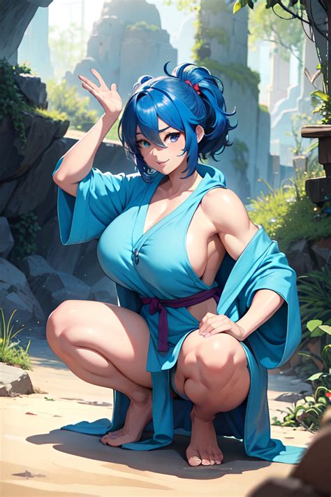 Anime Muscular Huge Boobs 30s Age Happy Face Blue Hair Messy Hair Style