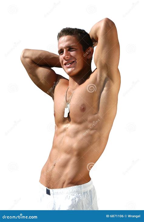 Uomo Sexy Muscolare Isolato Su Bianco Fotografia Stock Immagine Di Culturista Solitario