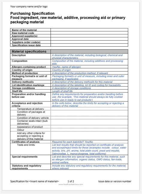 Raw Material Specification Template