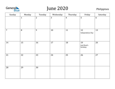 Philippines June 2020 Calendar With Holidays