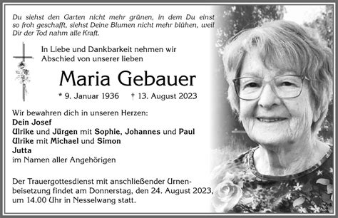 Traueranzeigen Von Maria Gebauer Augsburger Allgemeine Zeitung