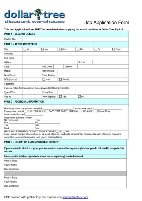 Free Printable Dollar Tree Application Form Printable Forms Free Online