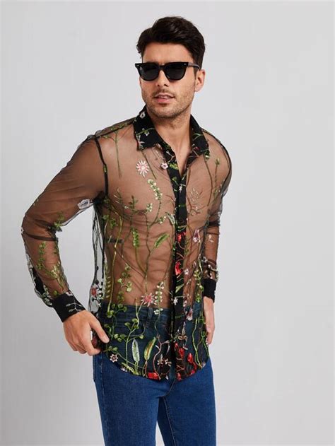 shein men floral embroidery see through lace shirt shein uk