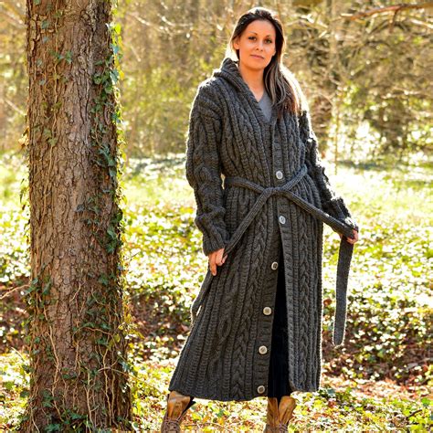 Hooded Chunky Cable Hand Knit 100 Wool Long Coat