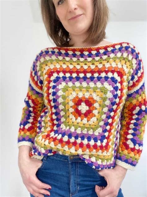 Rainbow Granny Square Sweater Free Beginner Crochet Pattern Hanjan