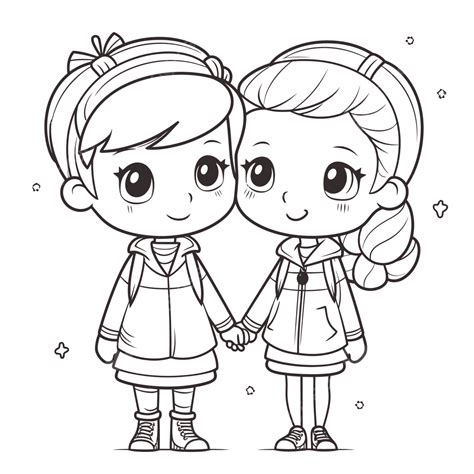 Two Cute Girls Holding Hands Coloring Pages Outline Sketch Drawing Vector Relationship Drawing