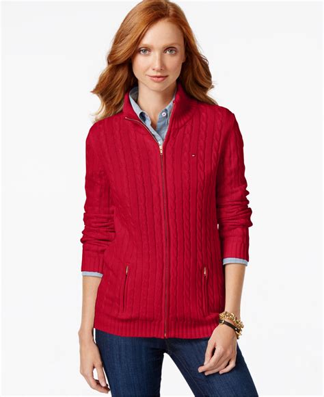 Lyst Tommy Hilfiger Cable Knit Zip Front Sweater In Red