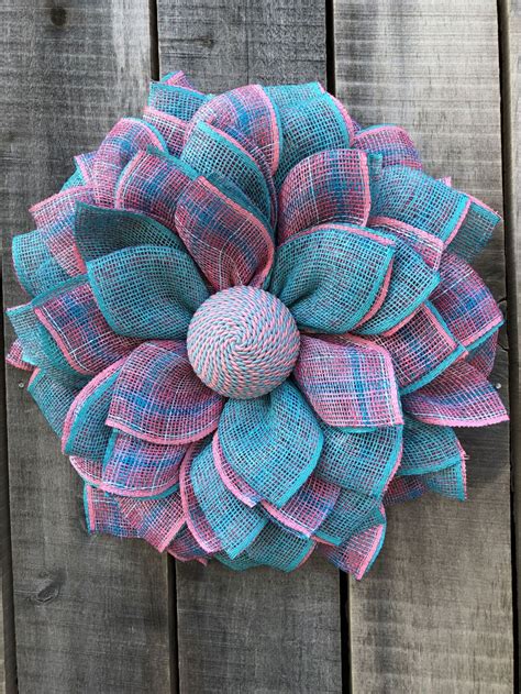 You Will Love This Beautiful Blue And Pink Burlap Flower Wreath Made