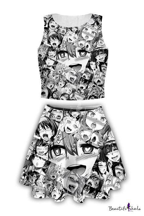 Ahegao Comic Girl Pattern Cropped Tank Top With Mini A Line Skirt Black
