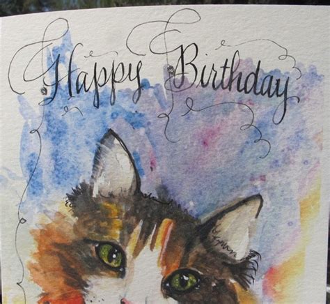 Handmade Calico Cat Happy Birthday Greeting Card Watercolor Etsy