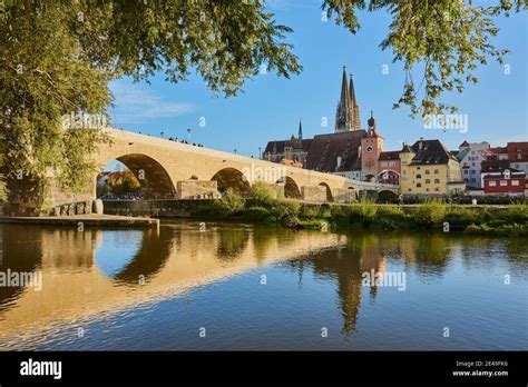 Stone Bridge Over Danube And Old Town With Cathedral Regensburg Upper