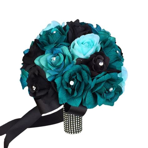 Great prices and selection of faux plants. 10" Bouquet:Teal Jade Aqua Black Silk roses with ...
