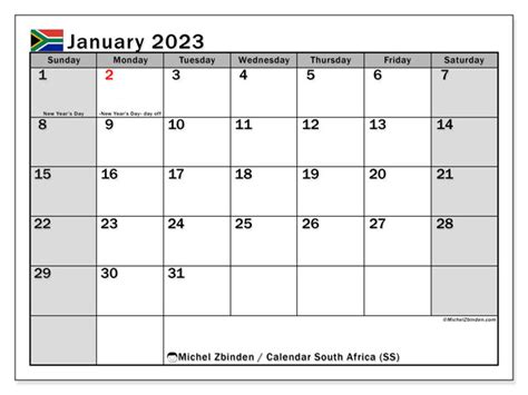 January 2023 Printable Calendar “south Africa Ss” Michel Zbinden Za