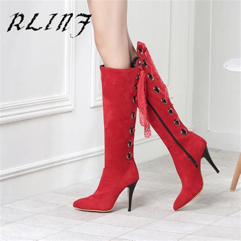 Rlinf Pointed Sexy European And American Style Bud Ribbon Stiletto High Heel Tube Female Boots